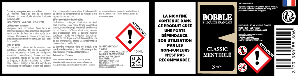 Bobble 10ml - Classic Mentholé (Boîte de 6)
