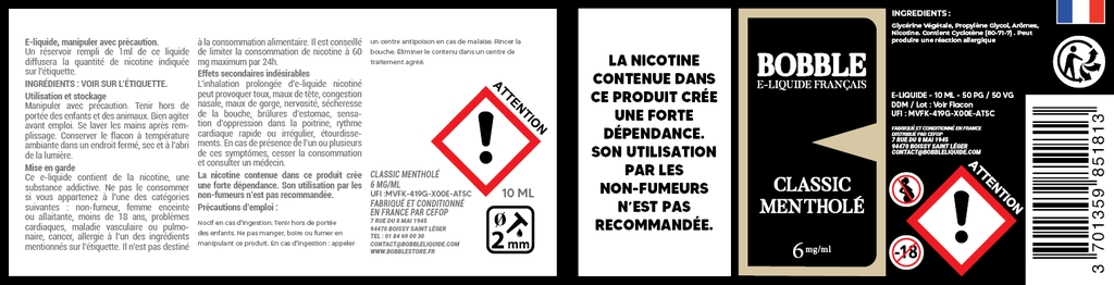 Bobble 10ml - Classic Mentholé (Boîte de 6)