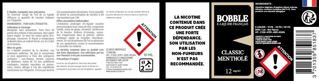 Bobble 10ml - Classic Mentholé (Boîte de 6)