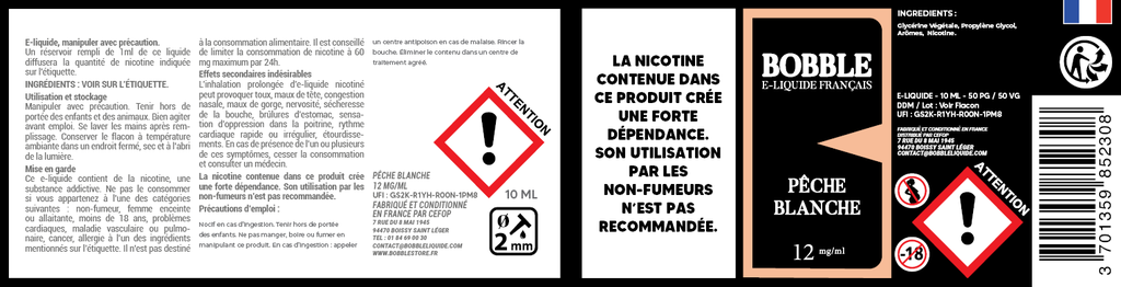 Bobble 10ml - Pêche Blanche (Boîte de 6) 